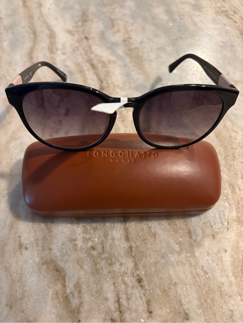 Longchamp Black Sunglasses with Pink Temple Accents and branded case